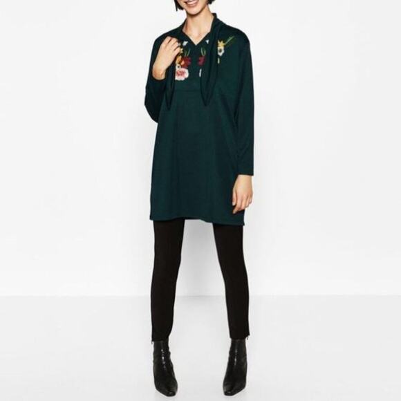 Zara Tunic Long Sleeve Empire Waist Green Floral Embroidered Ribbon Collar Size - Picture 5 of 10